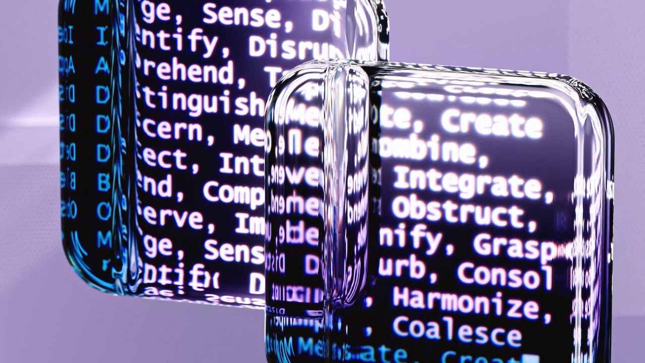 Artificial intelligence glassy screen with words on it